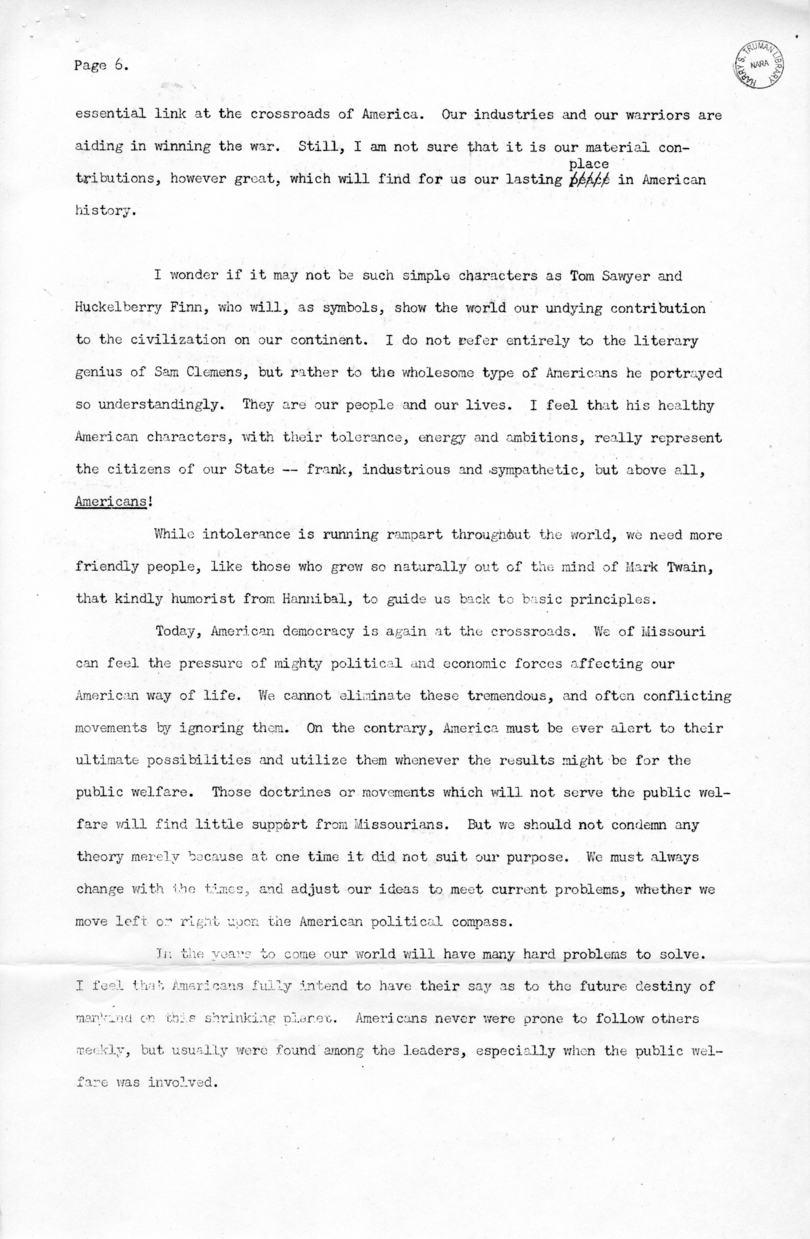 Press Release of Speech of Vice President Harry S. Truman at Jefferson City, Missouri