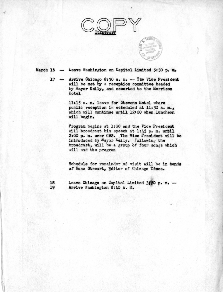 Itinerary for Vice President Harry S. Truman for Trip to Chicago, Illinois