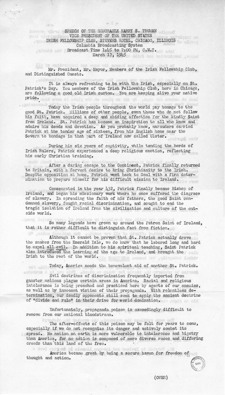 Press Release of Speech of Vice President Harry S. Truman Before the Irish Fellowship Club in Chicago, Illinois