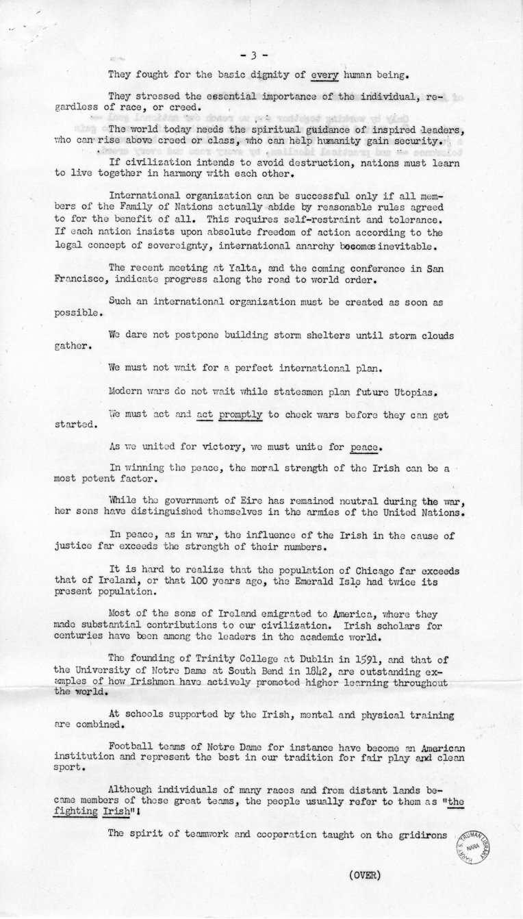 Press Release of Speech of Vice President Harry S. Truman Before the Irish Fellowship Club in Chicago, Illinois