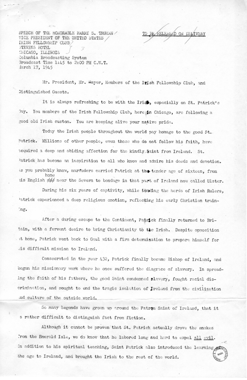 Speech of Vice President Harry S. Truman Before the Irish Fellowship Club at Chicago, Illinois