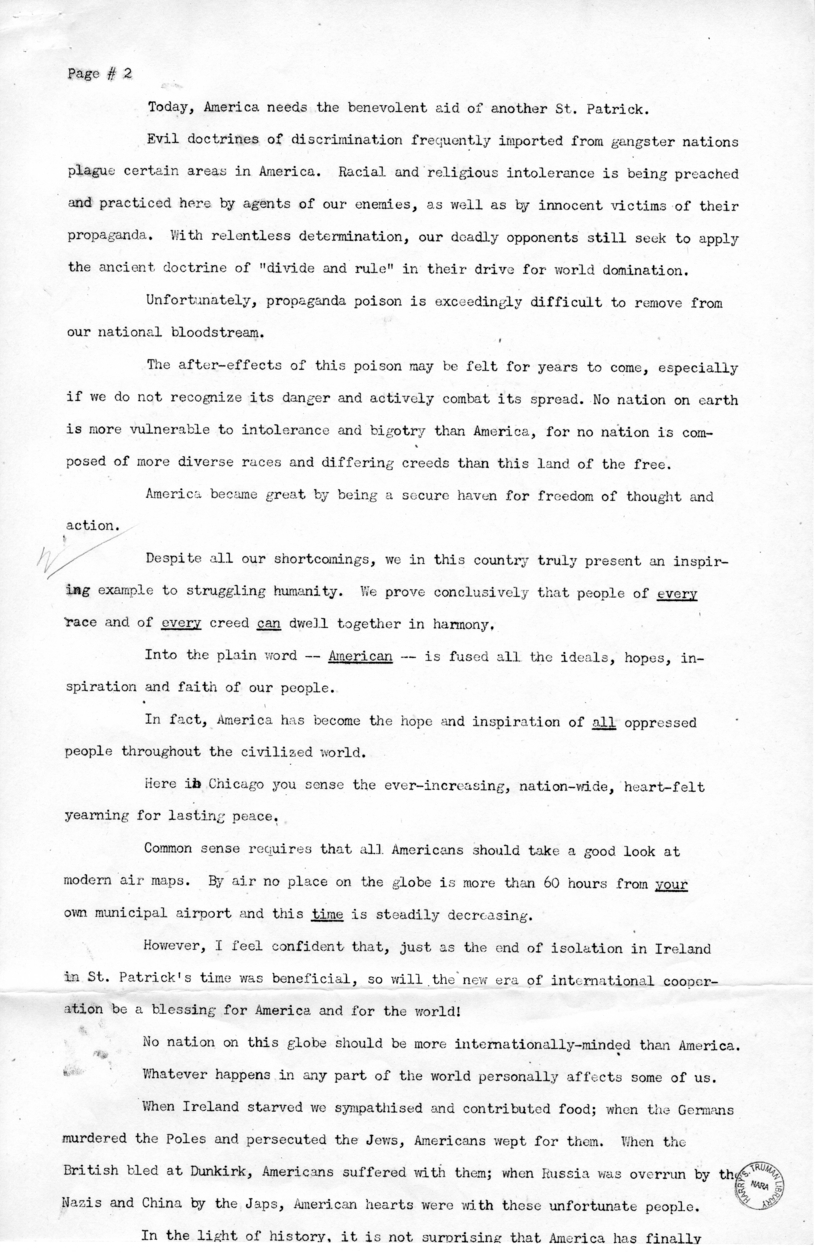 Speech of Vice President Harry S. Truman Before the Irish Fellowship Club at Chicago, Illinois