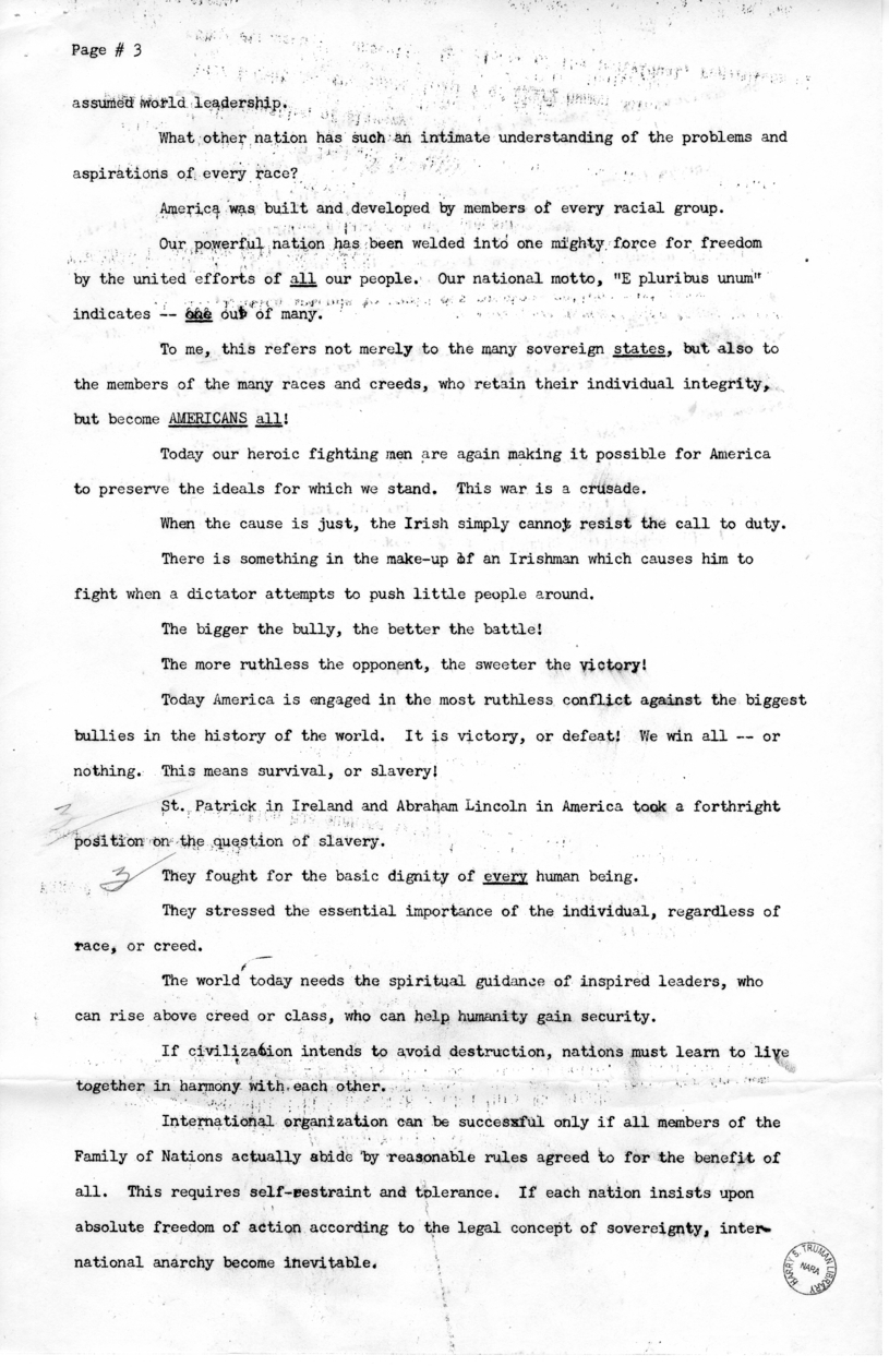 Speech of Vice President Harry S. Truman Before the Irish Fellowship Club at Chicago, Illinois