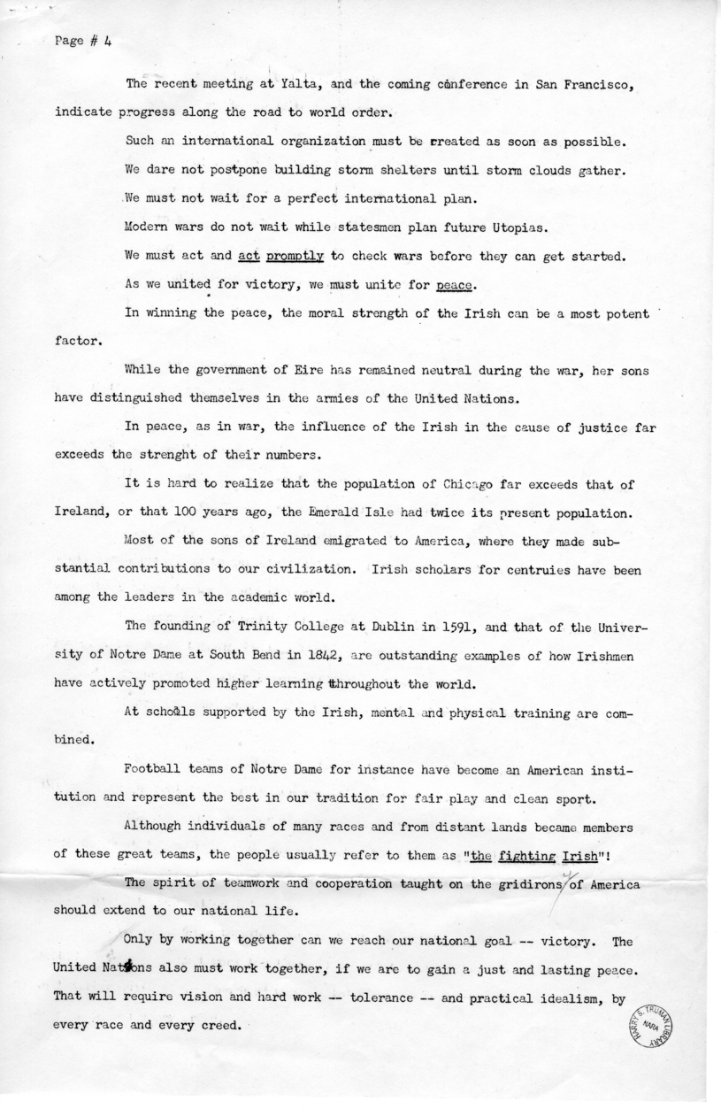 Speech of Vice President Harry S. Truman Before the Irish Fellowship Club at Chicago, Illinois