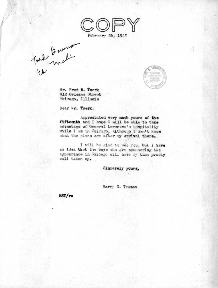 Correspondence Between Senator Harry S. Truman and Fred R. Tuerk