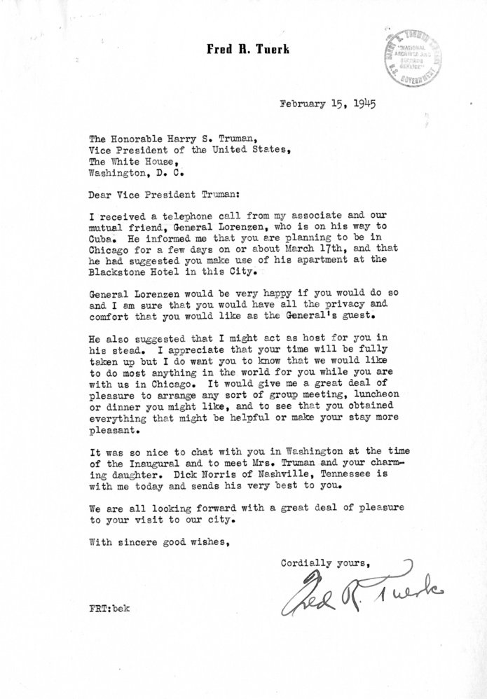 Correspondence Between Senator Harry S. Truman and Fred R. Tuerk