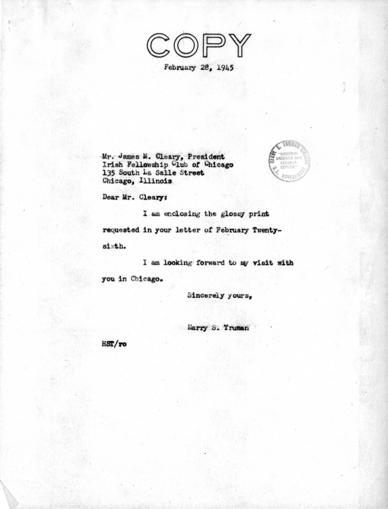 Correspondence Between Vice President Harry S. Truman and James M. Cleary