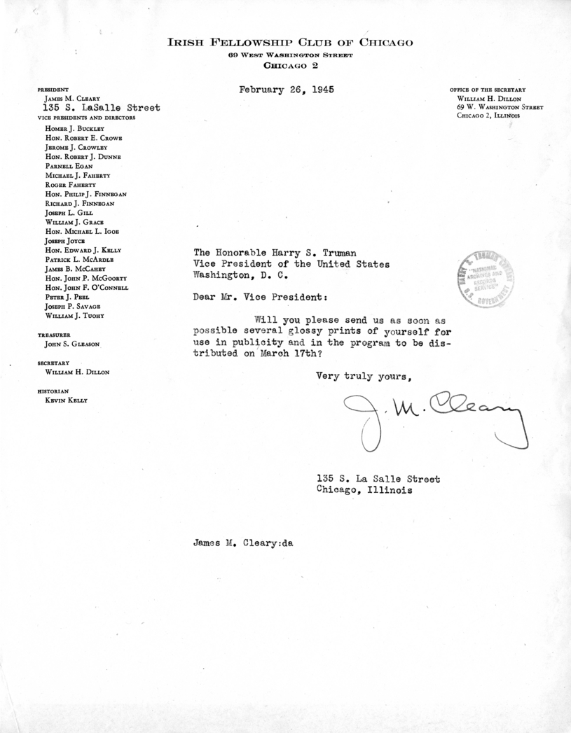 Correspondence Between Vice President Harry S. Truman and James M. Cleary