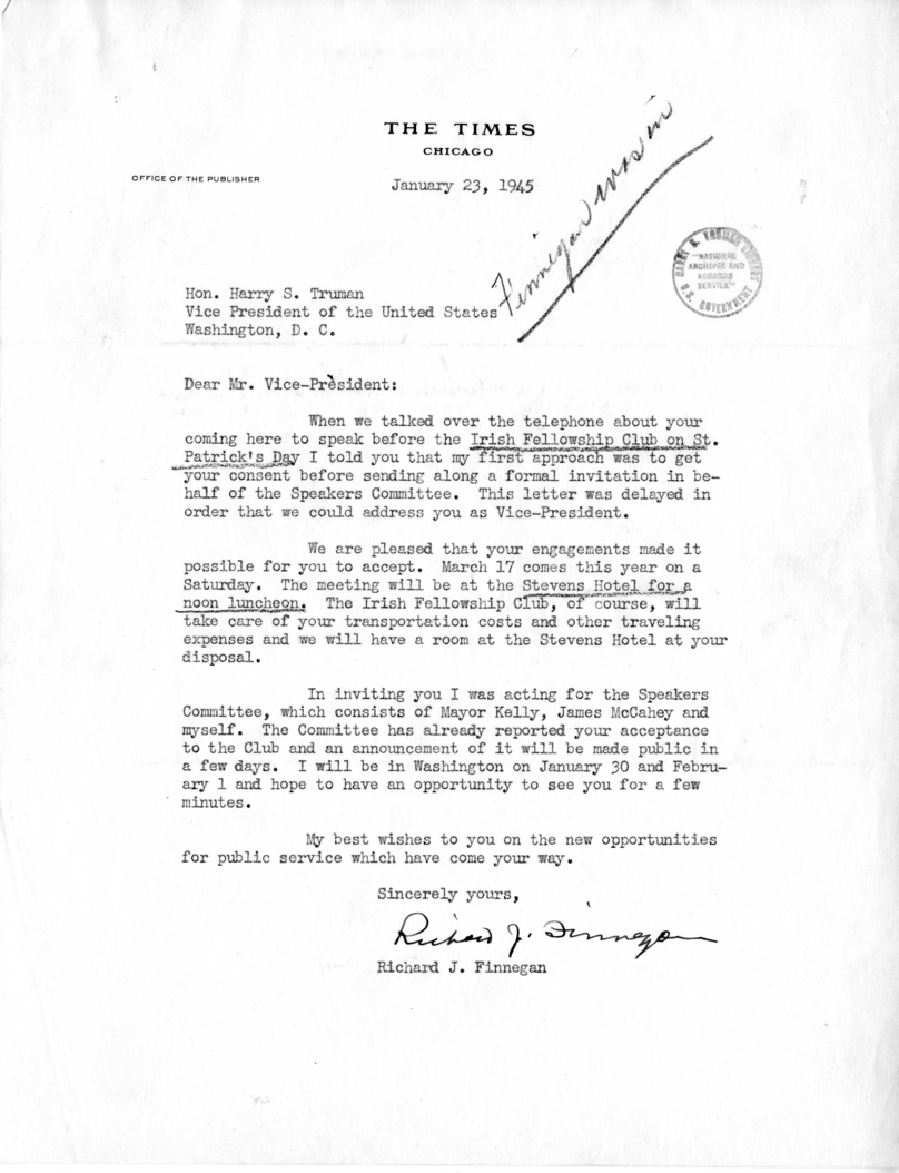 Letter from Richard J. Finnegan to Vice President Harry S. Truman, with Attached Telegram from Matthew Connelly to J. Leonard Reinsch