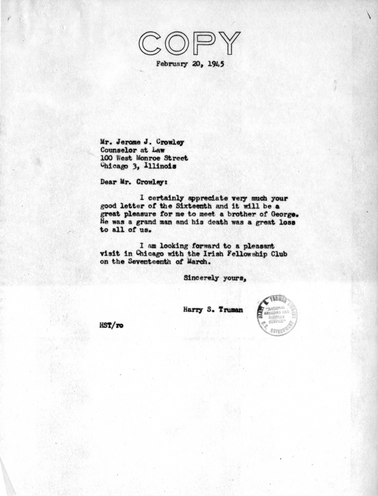 Correspondence Between Senator Harry S. Truman and Jerome Crowley