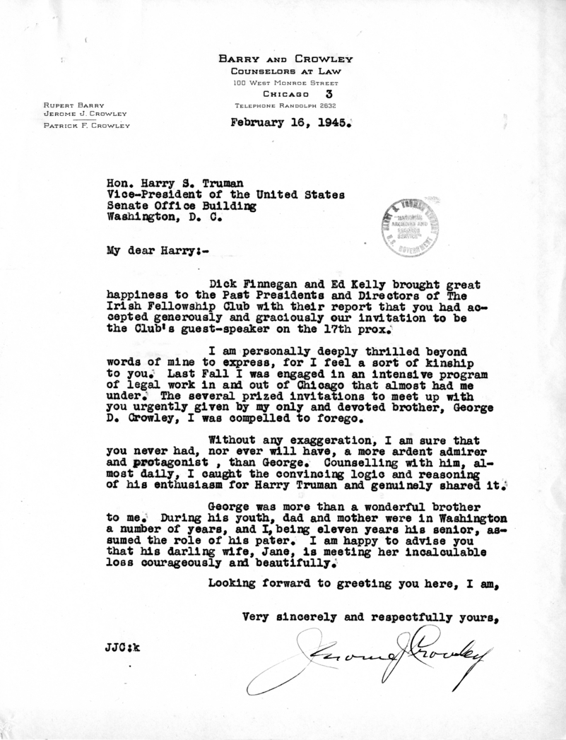 Correspondence Between Senator Harry S. Truman and Jerome Crowley