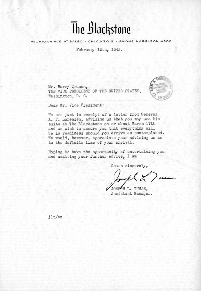 Correspondence Between Vice President Harry S. Truman and Joesph L. Tumas