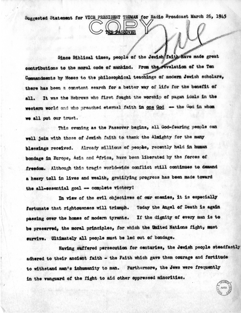 Suggested Statement for Vice President Harry S. Truman for Radio Broadcast on Passover