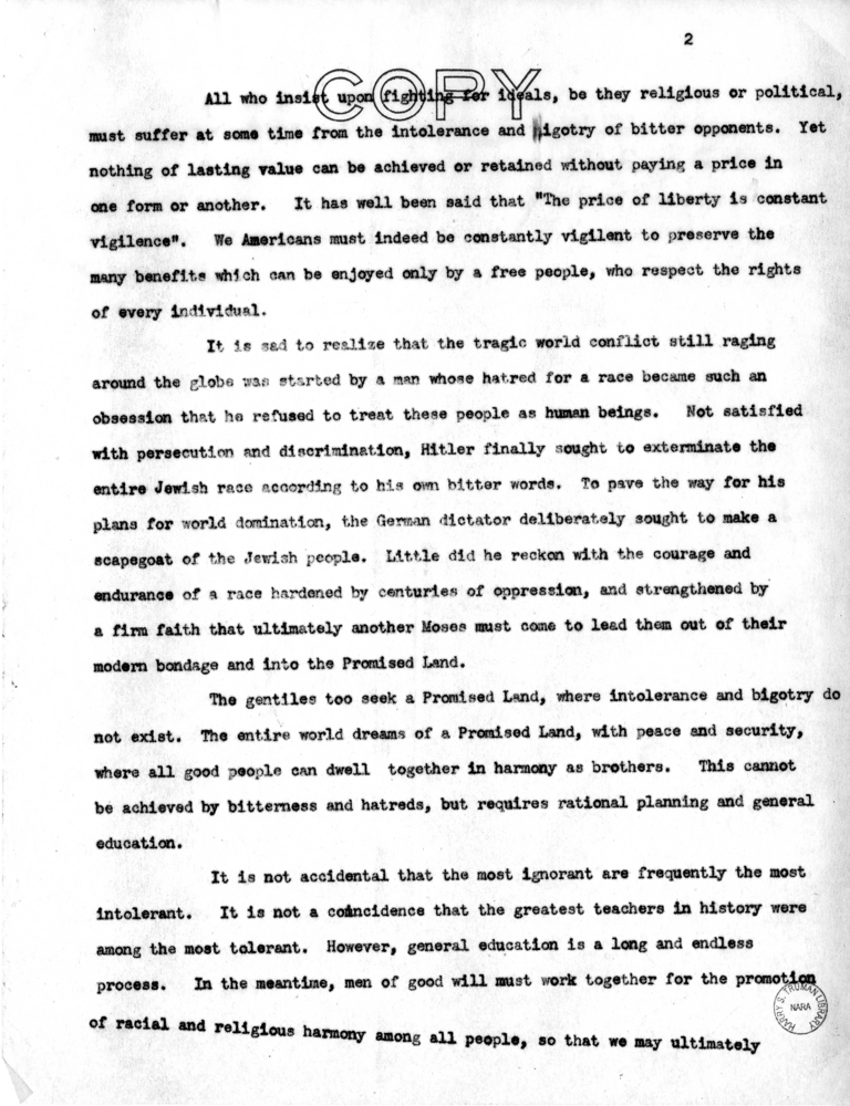 Suggested Statement for Vice President Harry S. Truman for Radio Broadcast on Passover