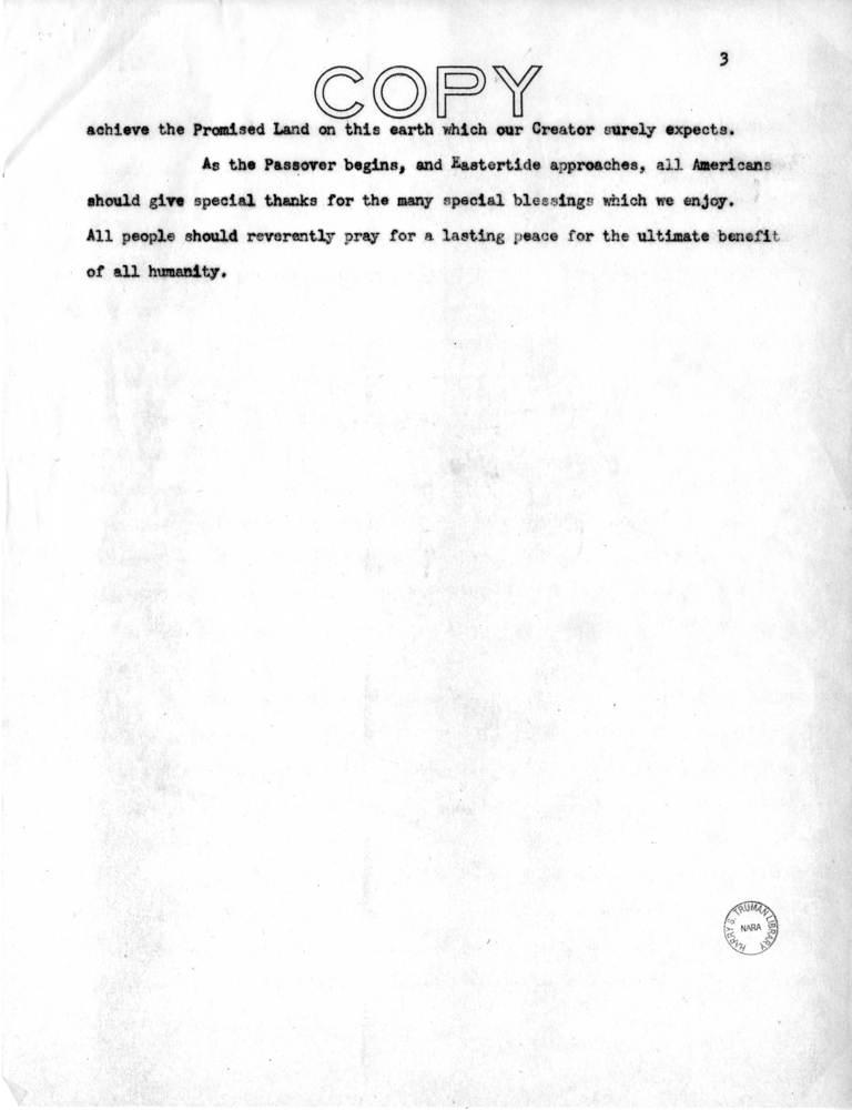 Suggested Statement for Vice President Harry S. Truman for Radio Broadcast on Passover