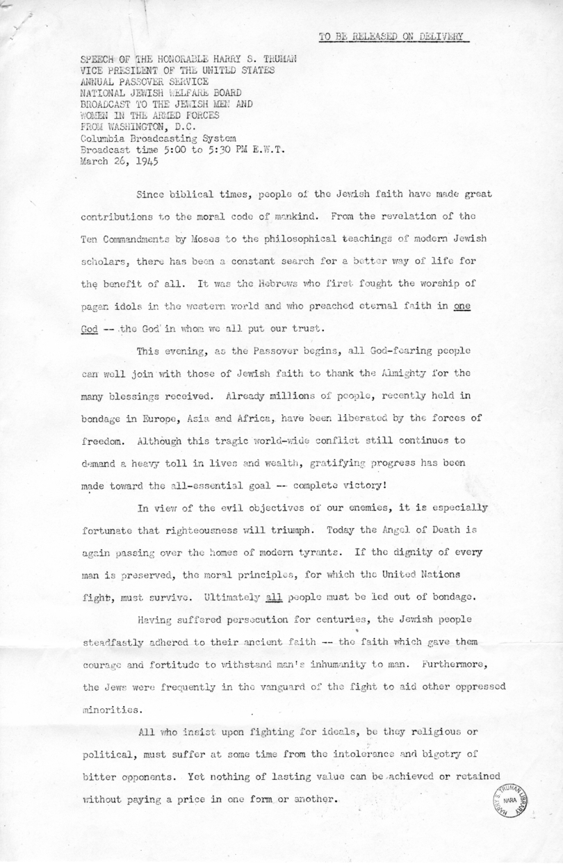 Press Release of Radio Speech of Vice President Harry S. Truman, Annual Passover Service, National Jewish Welfare Board Broadcast to the Jewish Men and Women in the Armed Forces