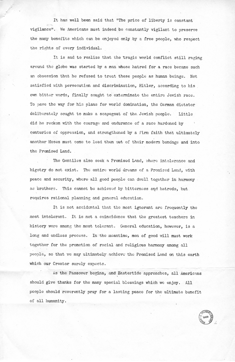 Press Release of Radio Speech of Vice President Harry S. Truman, Annual Passover Service, National Jewish Welfare Board Broadcast to the Jewish Men and Women in the Armed Forces