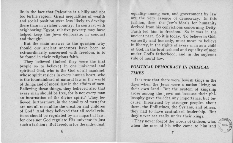 Booklet, Jewish Information Series No. 2, "Democracy and the Jew"