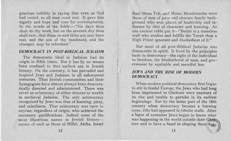 Booklet, Jewish Information Series No. 2, "Democracy and the Jew"