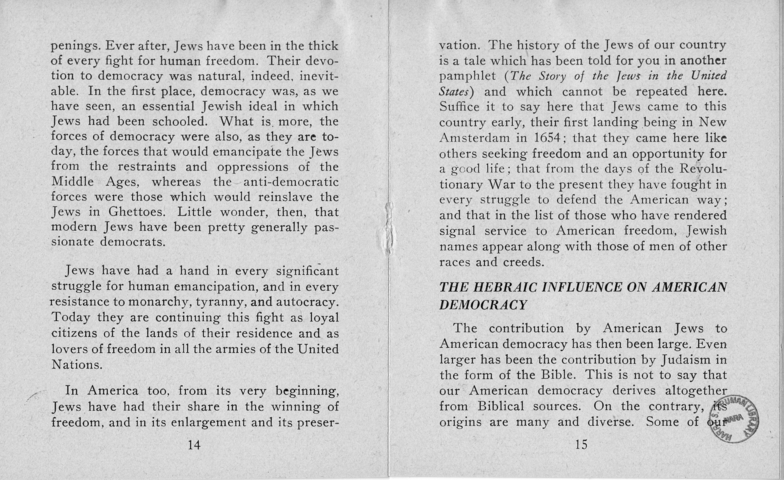 Booklet, Jewish Information Series No. 2, "Democracy and the Jew"