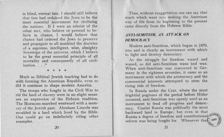 Booklet, Jewish Information Series No. 2, "Democracy and the Jew"