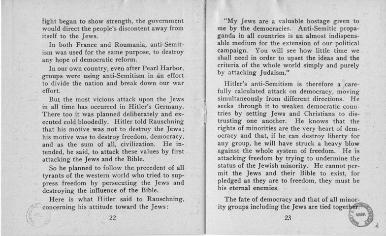 Booklet, Jewish Information Series No. 2, "Democracy and the Jew"