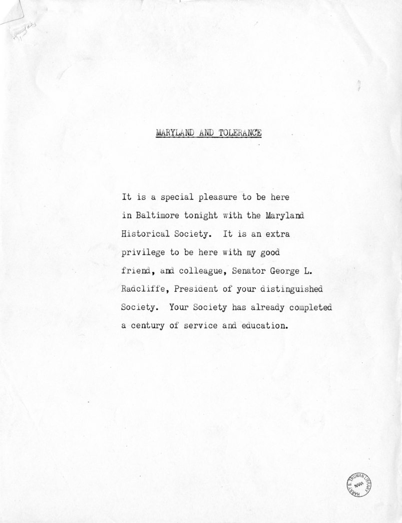 Reading Copy of Speech of Vice President Harry S. Truman in Baltimore, Maryland