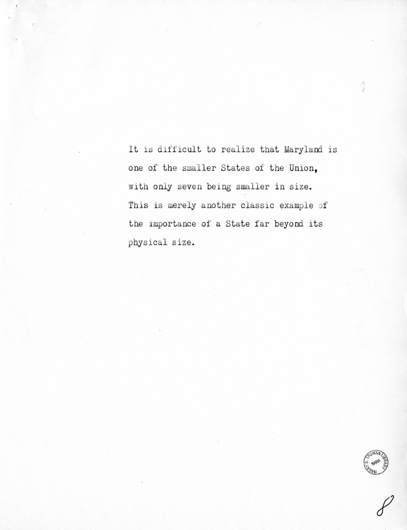 Reading Copy of Speech of Vice President Harry S. Truman in Baltimore, Maryland