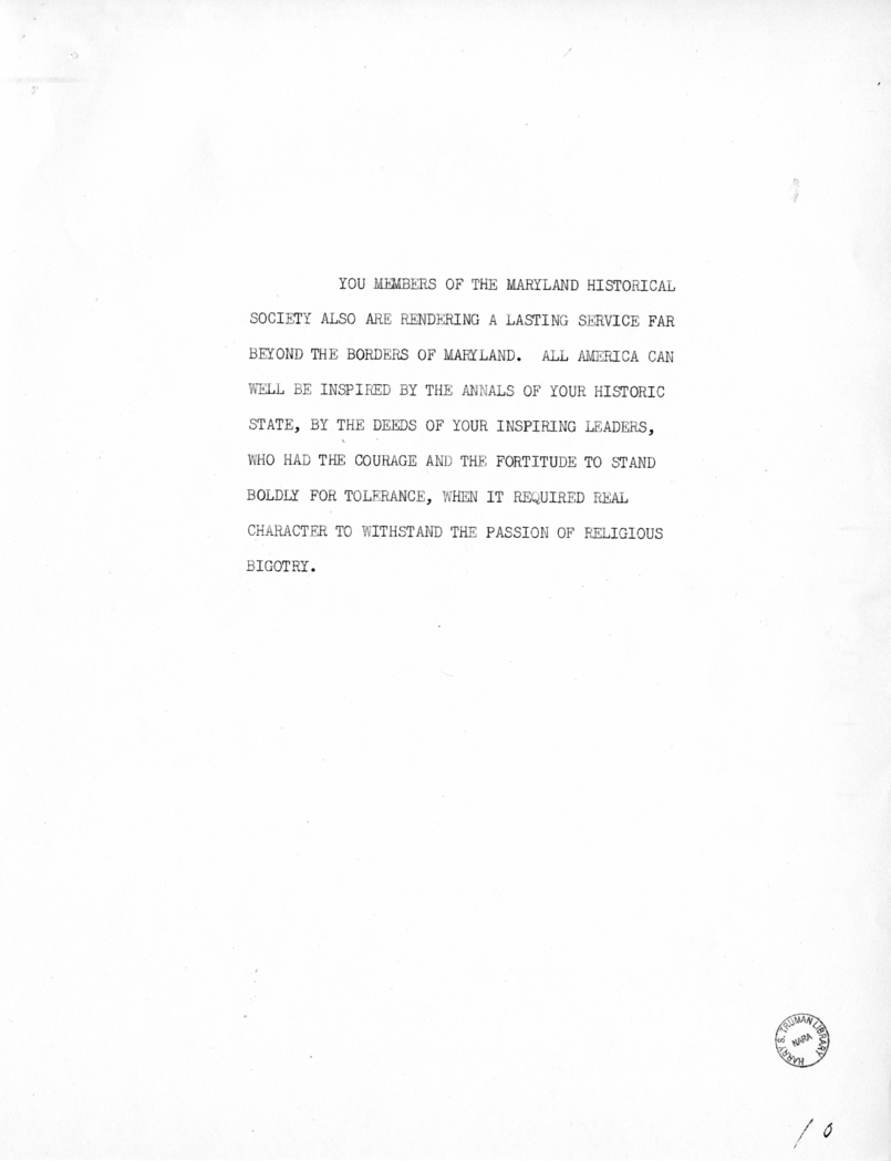 Reading Copy of Speech of Vice President Harry S. Truman in Baltimore, Maryland