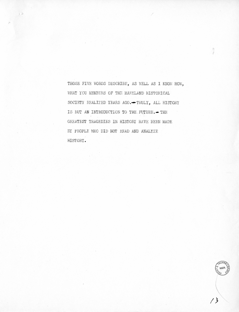 Reading Copy of Speech of Vice President Harry S. Truman in Baltimore, Maryland