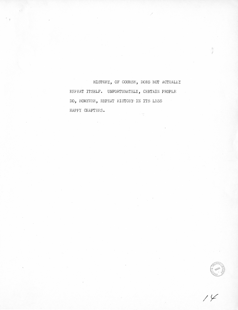 Reading Copy of Speech of Vice President Harry S. Truman in Baltimore, Maryland