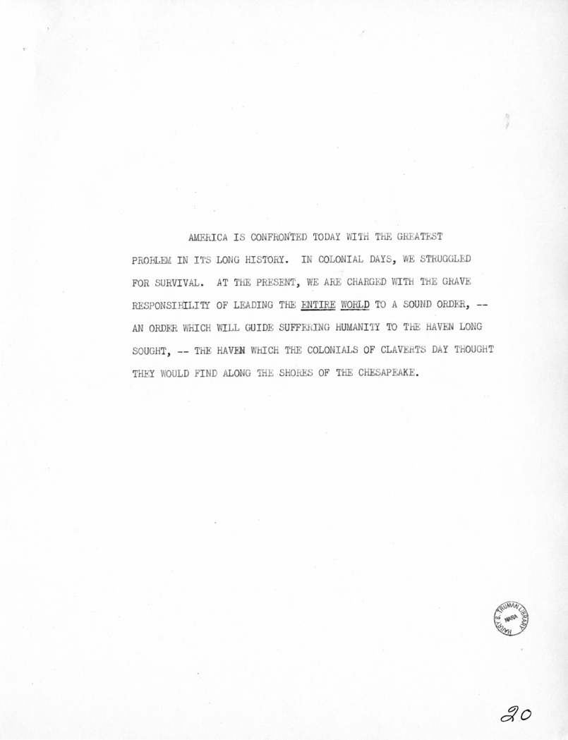 Reading Copy of Speech of Vice President Harry S. Truman in Baltimore, Maryland