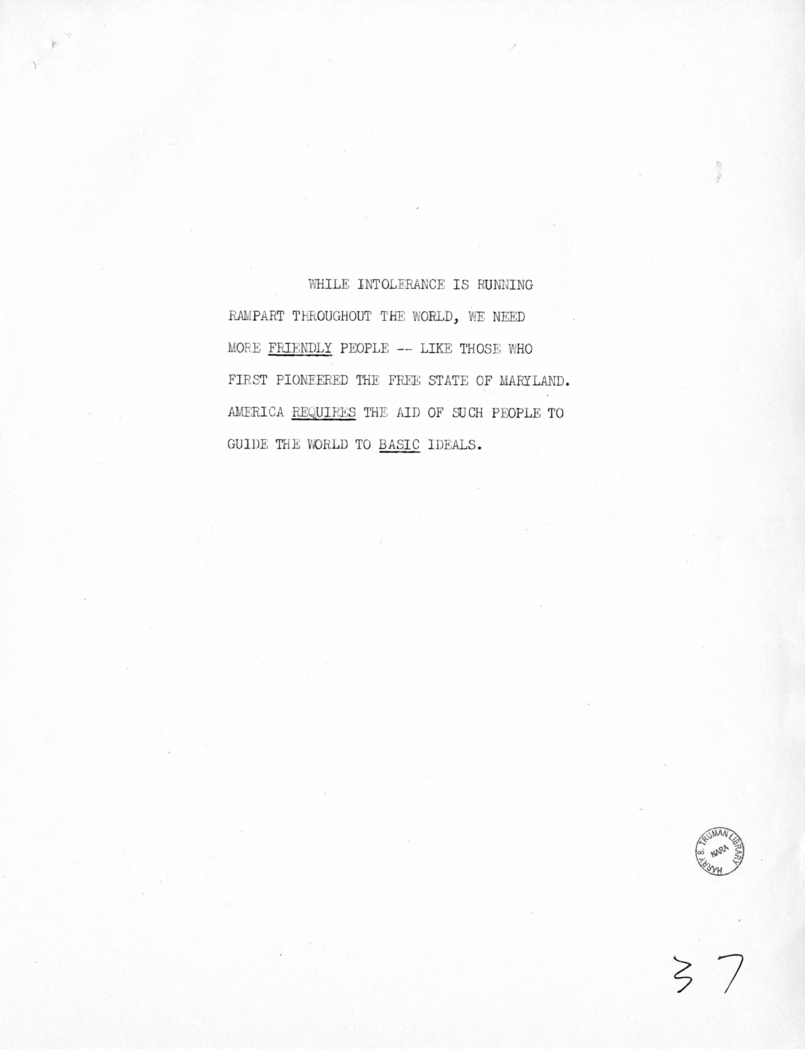 Reading Copy of Speech of Vice President Harry S. Truman in Baltimore, Maryland