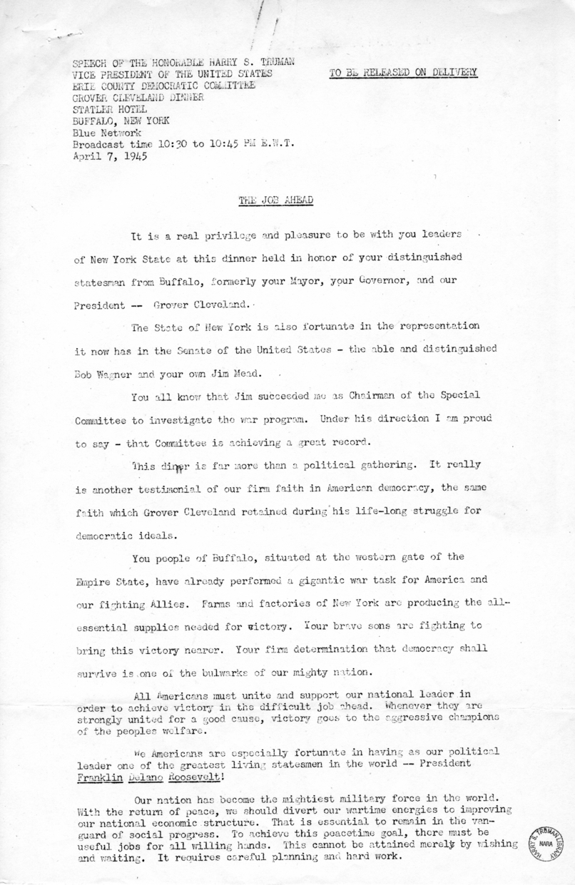 Speech of Vice President Harry S. Truman at the Grover Cleveland Dinner in Buffalo, New York