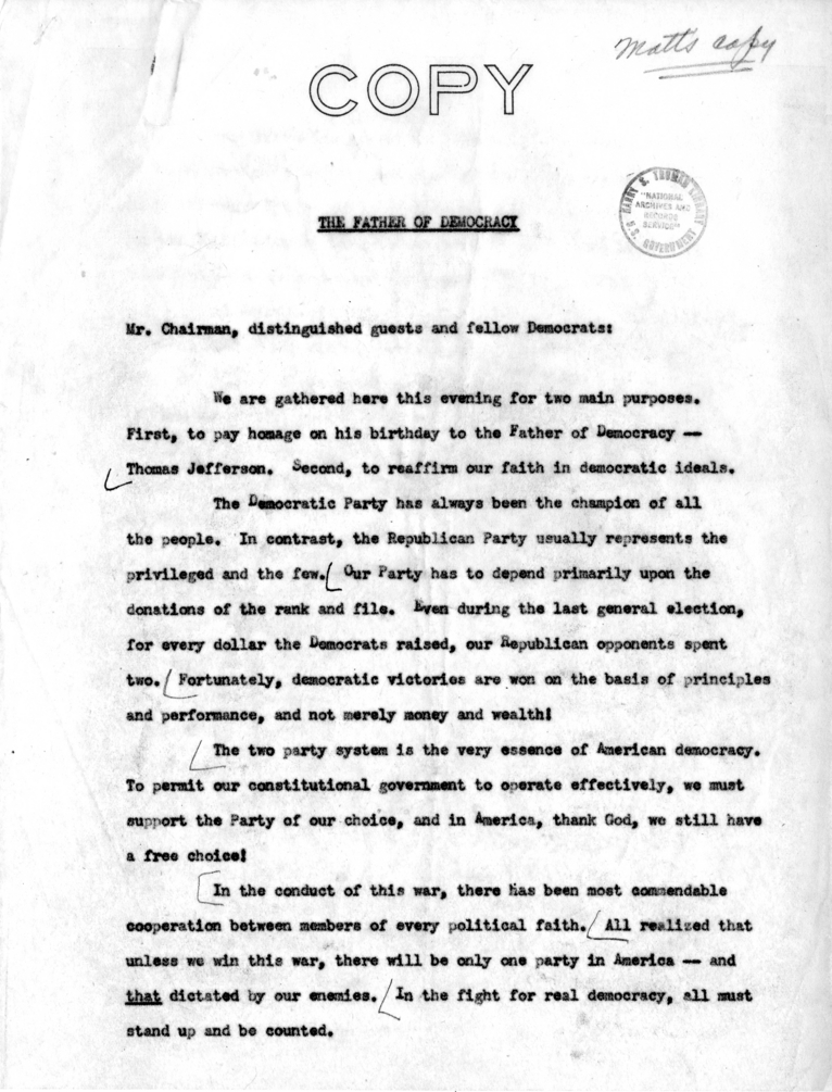 Draft Speech of Vice-President Harry S. Truman for Jefferson Day Dinner, Washington, D. C.