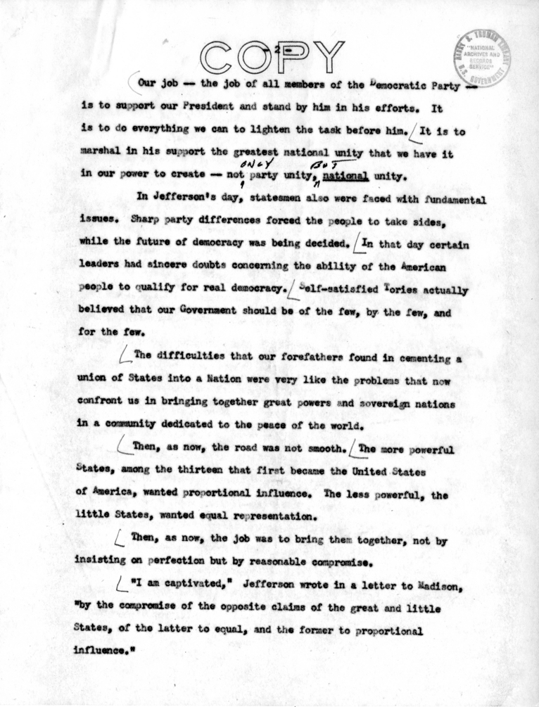 Draft Speech of Vice-President Harry S. Truman for Jefferson Day Dinner, Washington, D. C.