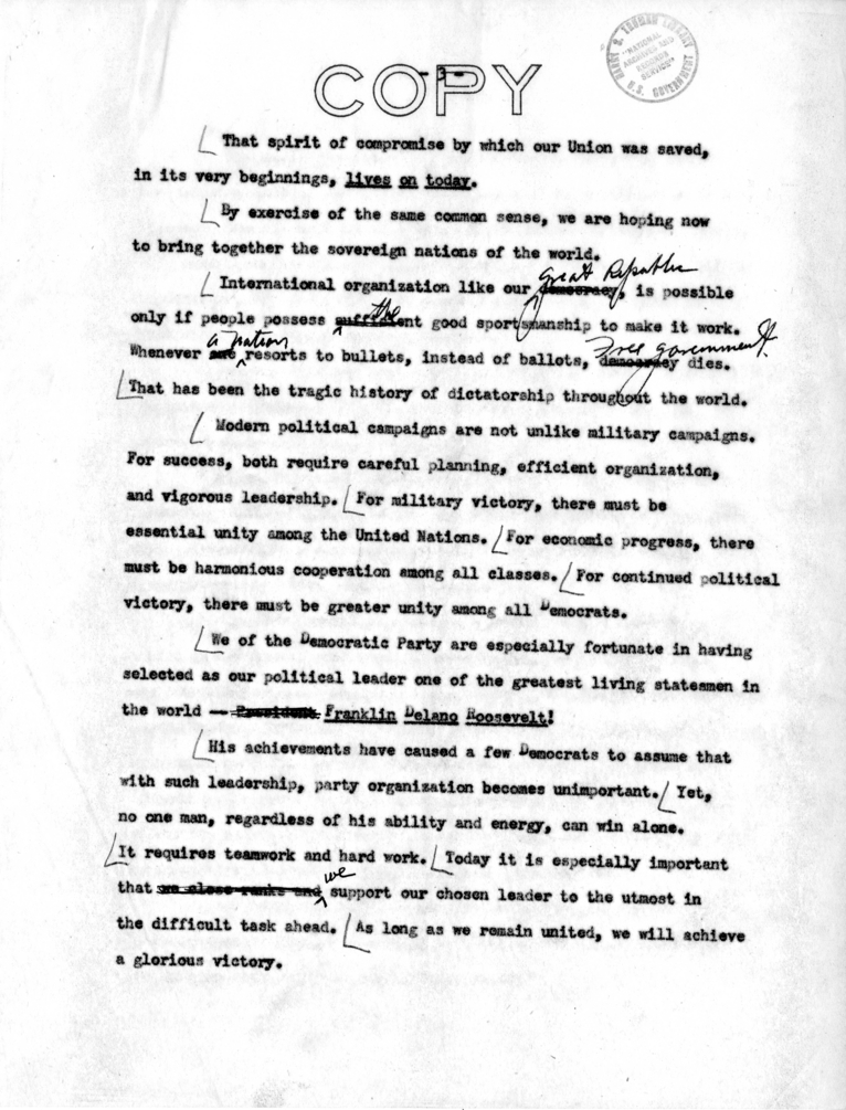 Draft Speech of Vice-President Harry S. Truman for Jefferson Day Dinner, Washington, D. C.