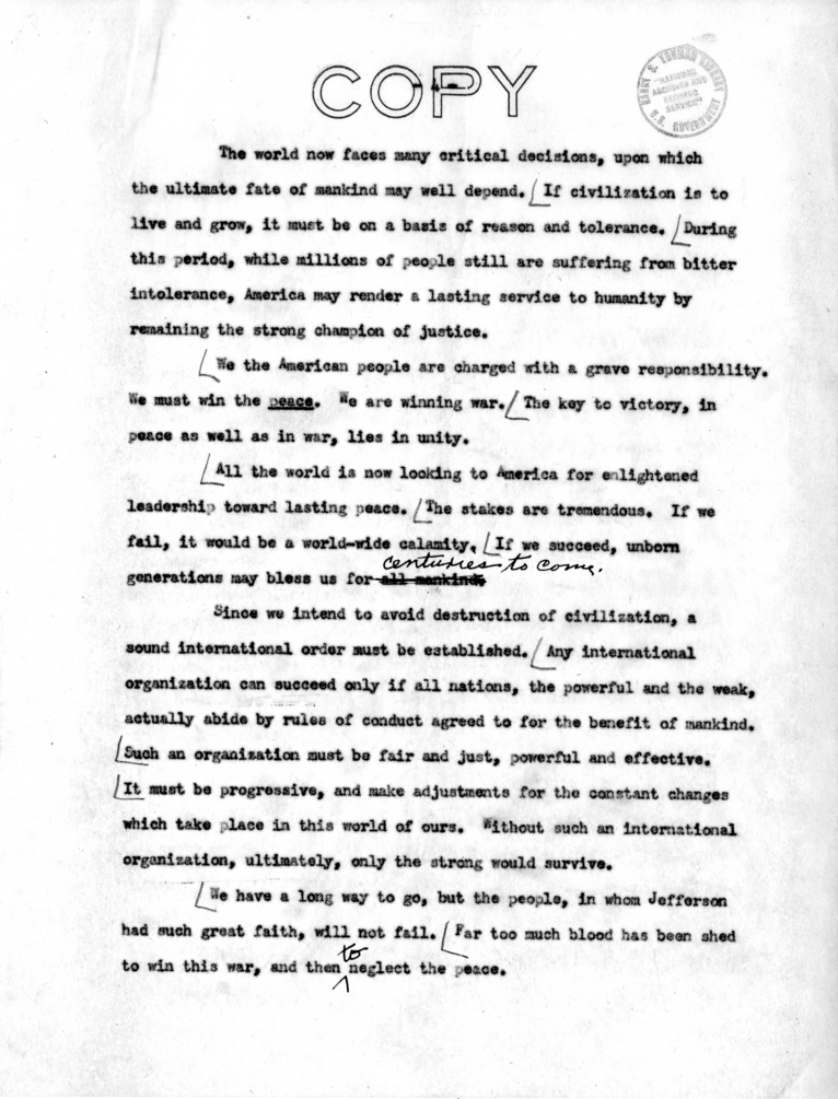 Draft Speech of Vice-President Harry S. Truman for Jefferson Day Dinner, Washington, D. C.