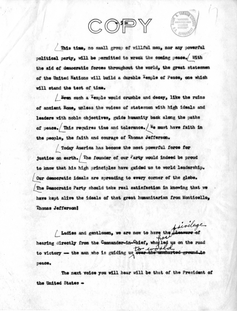 Draft Speech of Vice-President Harry S. Truman for Jefferson Day Dinner, Washington, D. C.