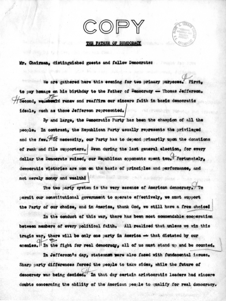 Draft Speech of Vice President Harry S. Truman for Jefferson Day Dinner, Washington, D. C.