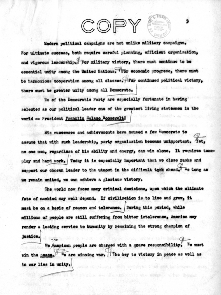 Draft Speech of Vice President Harry S. Truman for Jefferson Day Dinner, Washington, D. C.