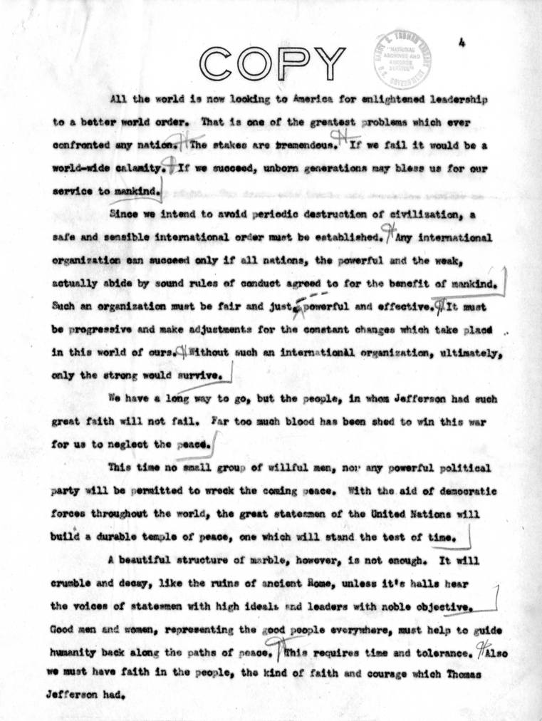 Draft Speech of Vice President Harry S. Truman for Jefferson Day Dinner, Washington, D. C.