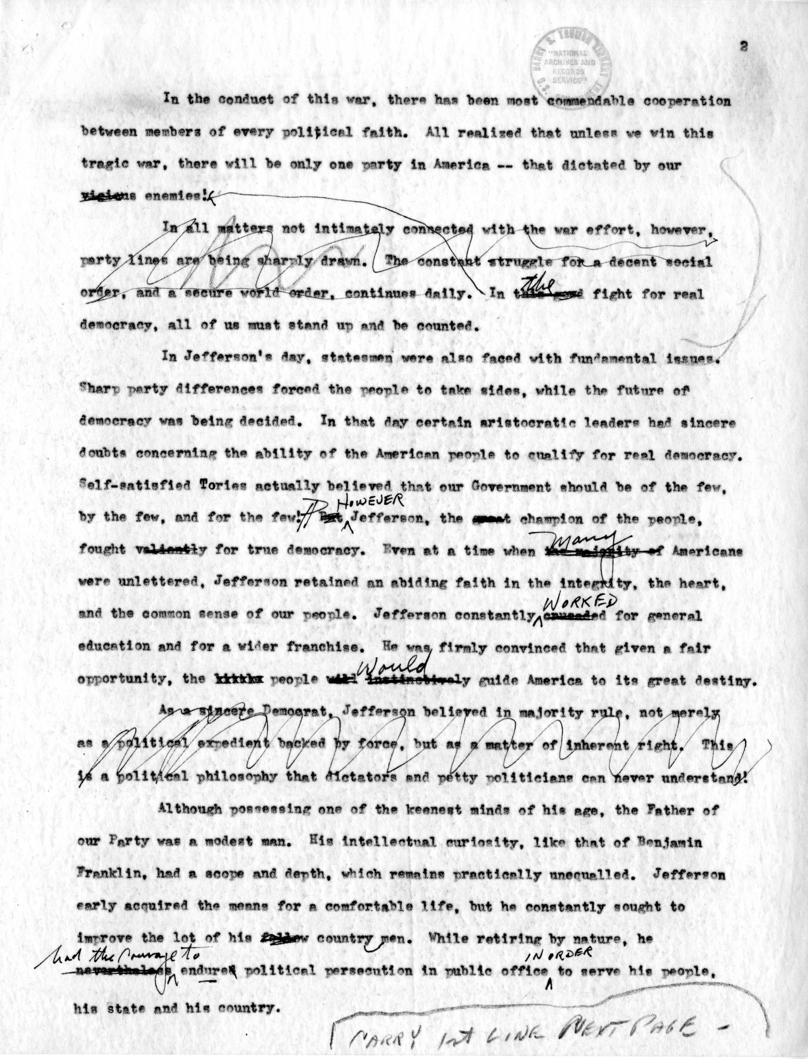 Suggested Draft Statement for Vice-President Harry S. Truman for Jefferson Day Dinner, Washington, D. C.