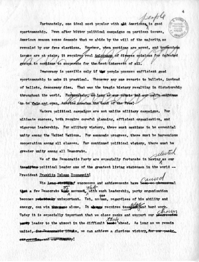 Suggested Draft Statement for Vice-President Harry S. Truman for Jefferson Day Dinner, Washington, D. C.