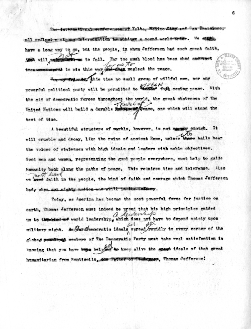 Suggested Draft Statement for Vice-President Harry S. Truman for Jefferson Day Dinner, Washington, D. C.