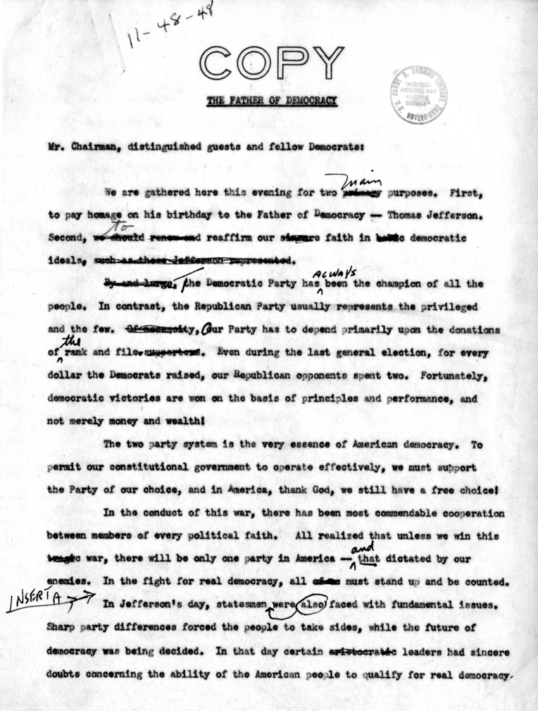 Draft Speech of Vice President Harry S. Truman for Jefferson Day Dinner, Washington, D. C.