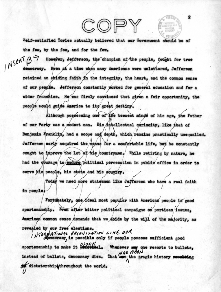Draft Speech of Vice President Harry S. Truman for Jefferson Day Dinner, Washington, D. C.