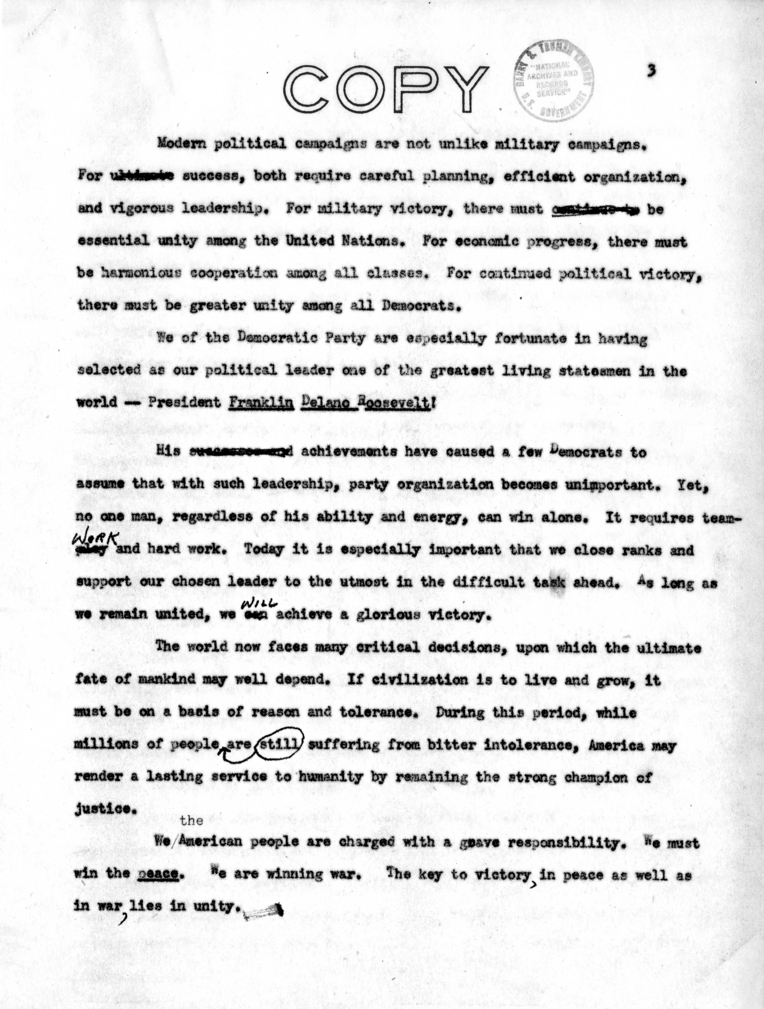 Draft Speech of Vice President Harry S. Truman for Jefferson Day Dinner, Washington, D. C.
