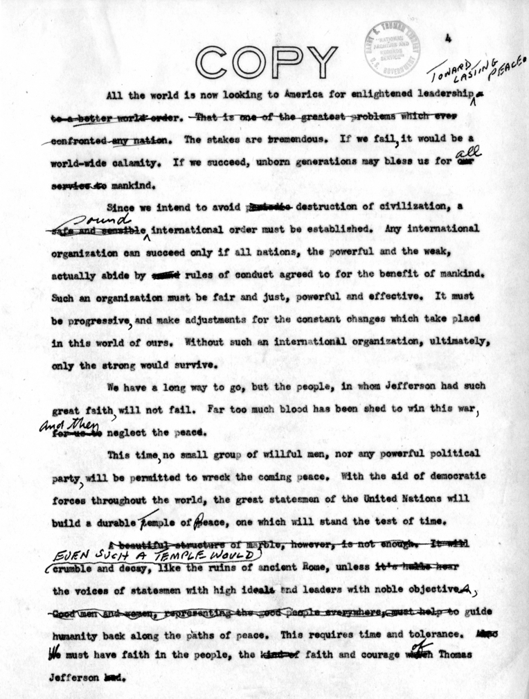 Draft Speech of Vice President Harry S. Truman for Jefferson Day Dinner, Washington, D. C.