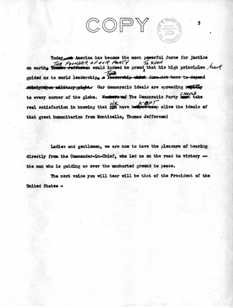 Draft Speech of Vice President Harry S. Truman for Jefferson Day Dinner, Washington, D. C.